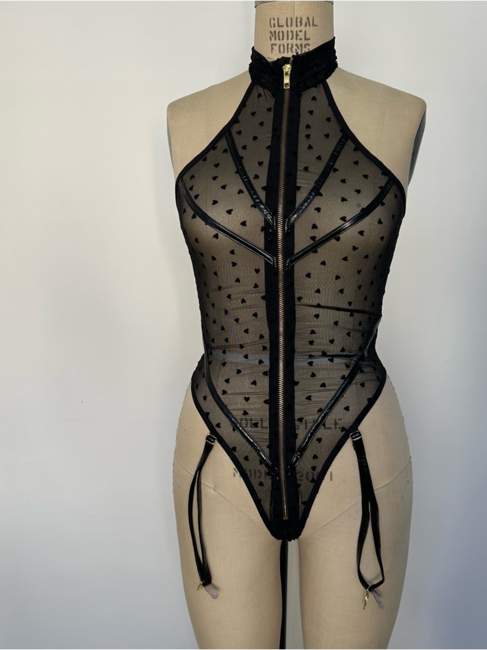 Sheer Black Heart-Print Halter Bodysuit with Front Zip